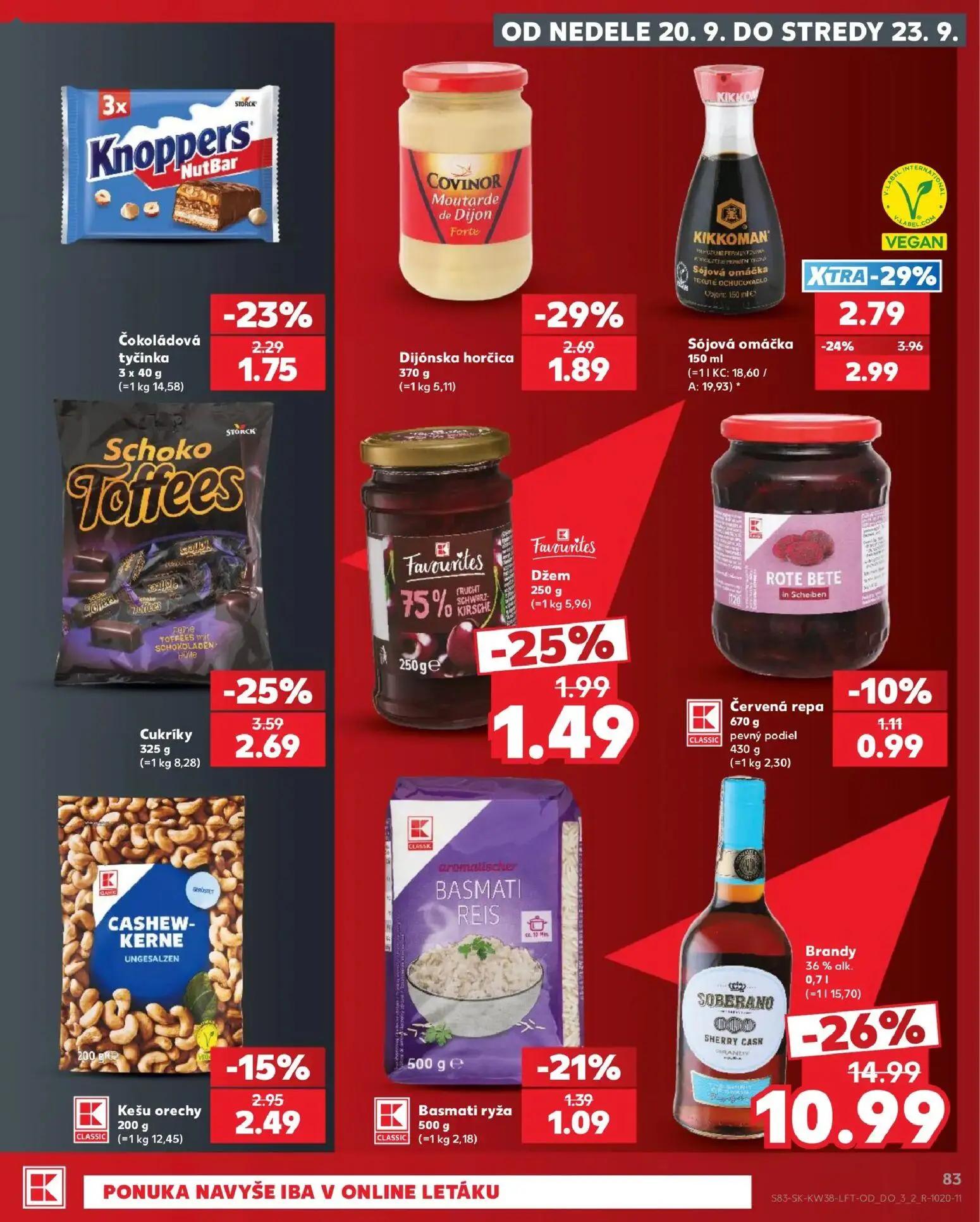 Kaufland leták, strana 83 z 84 — Brandy, Sójová omáčka, Cukríky