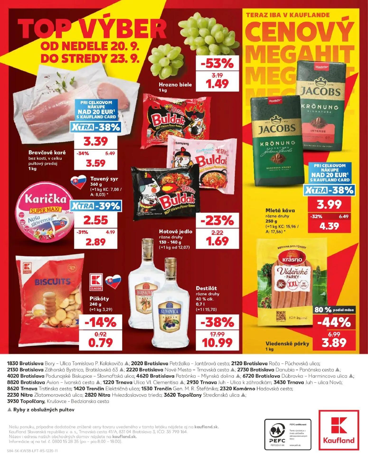 Kaufland leták, strana 84 z 84 — Destilát rôzne druhy 40% alk., Viedenské párky, Mletá káva rôzne druhy