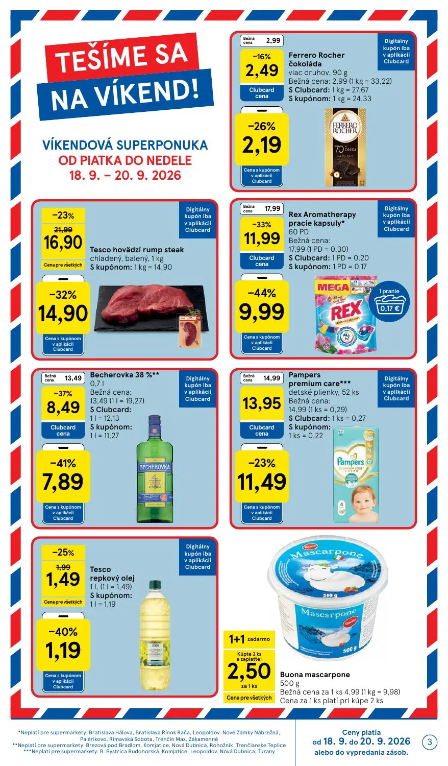 Tesco Supermarket leták, strana 3 z 24 — Rex Aromatherapy pracie kapsuly*, Tesco hovädzí rump steak chladený, balený, Becher…