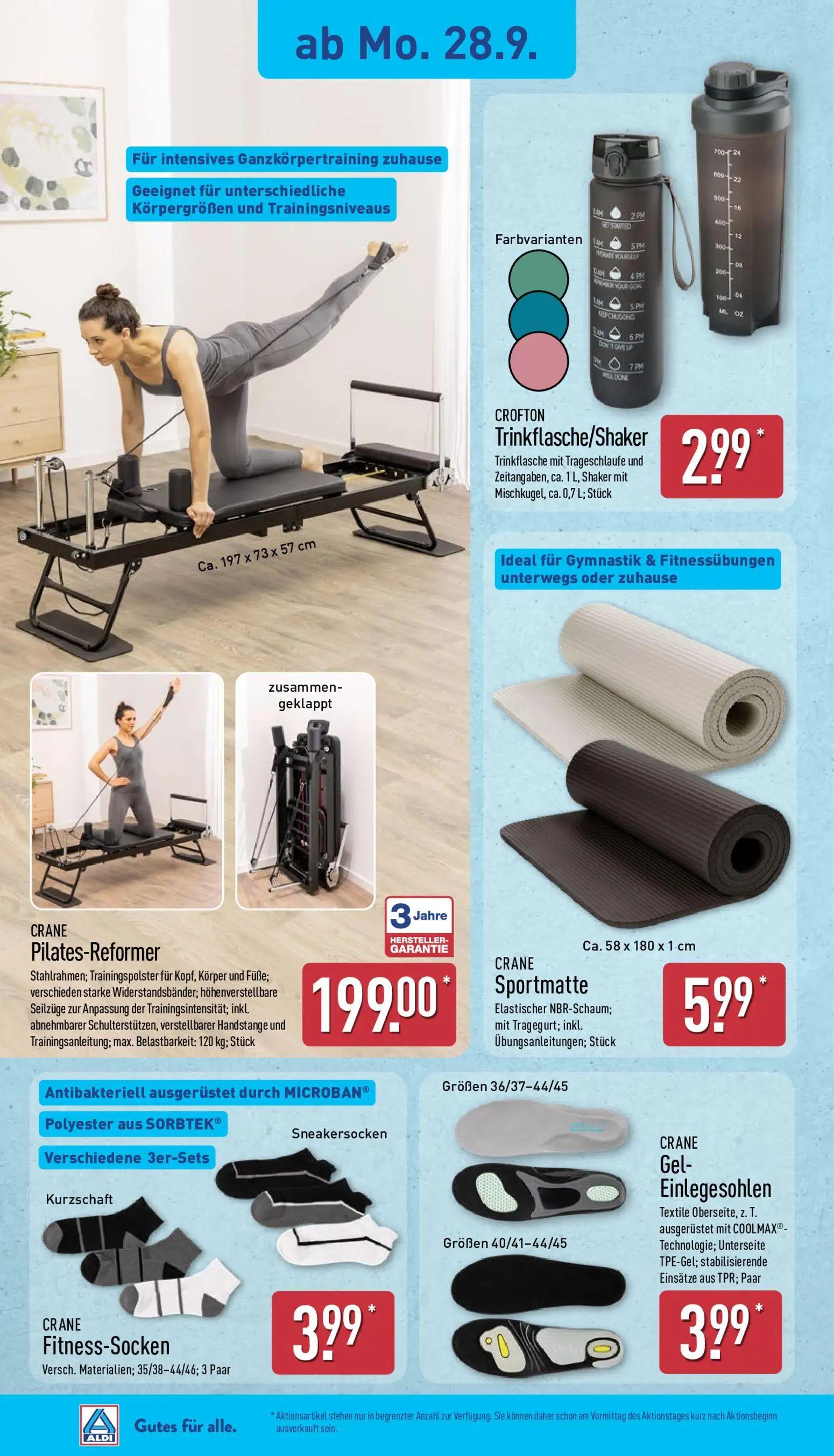 Aldi Nord Prospekt, Seite 5 von 14 — CROFTON Trinkflasche/Shaker, CRANE Pilates-Reformer, CRANE Sportmatte
