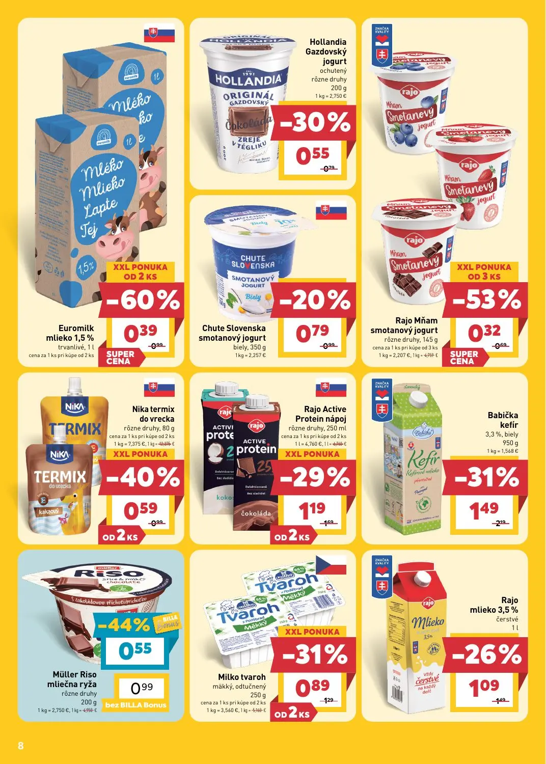 Billa leták, strana 8 z 29 — Babička kefír, Euromilk mlieko 1,5%, Rajo Active Protein nápoj
