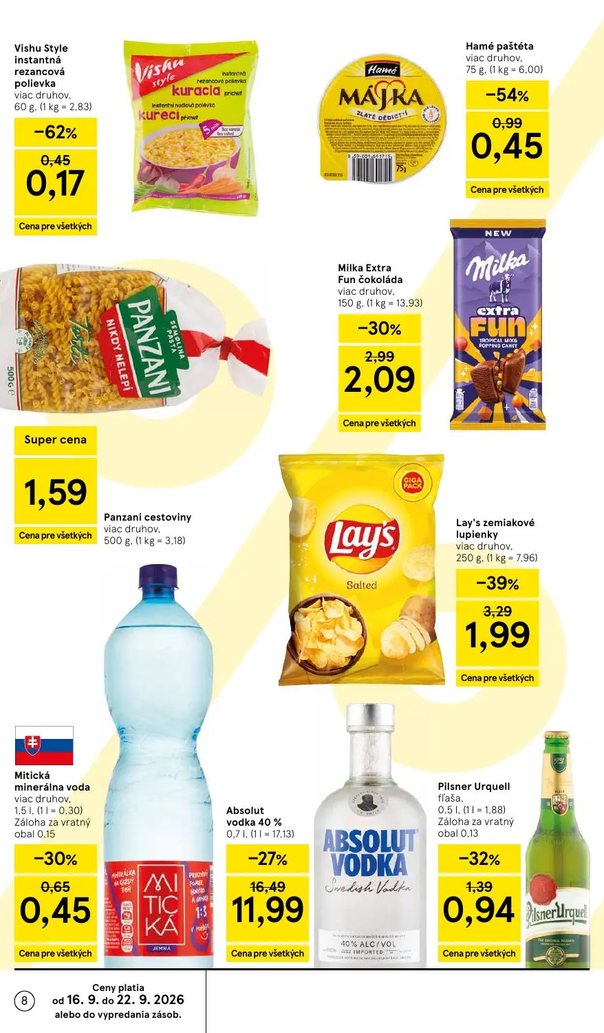 Tesco Supermarket leták, strana 8 z 24 — Absolut vodka 40%, Lay's zemiakové lupienky viac druhov,, Milka Extra Fun čokoláda …