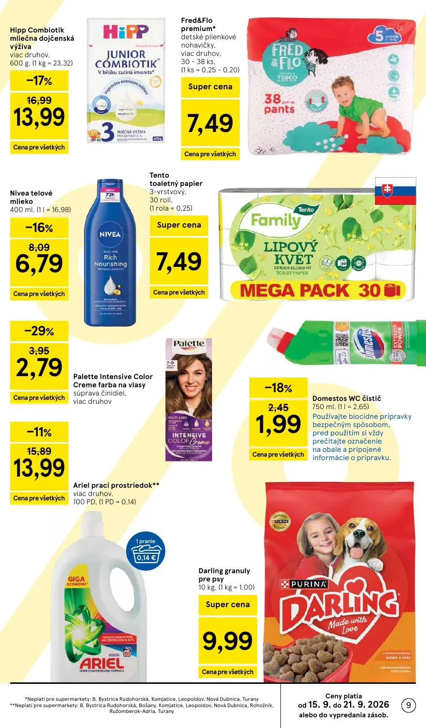 Tesco Supermarket leták, strana 9 z 24 — Hipp Combiotik mliečna dojčenská výživa, Ariel prací prostriedok**, Nivea telové ml…