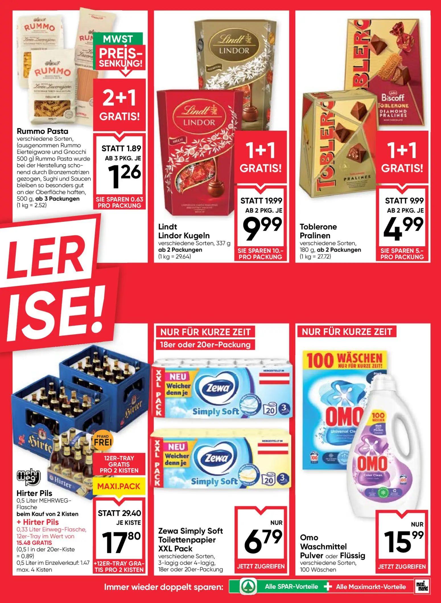 Maximarkt Prospekt, Seite 3 von 24 — Hirter Pils, Lindt Lindor Kugeln, Toblerone Pralinen