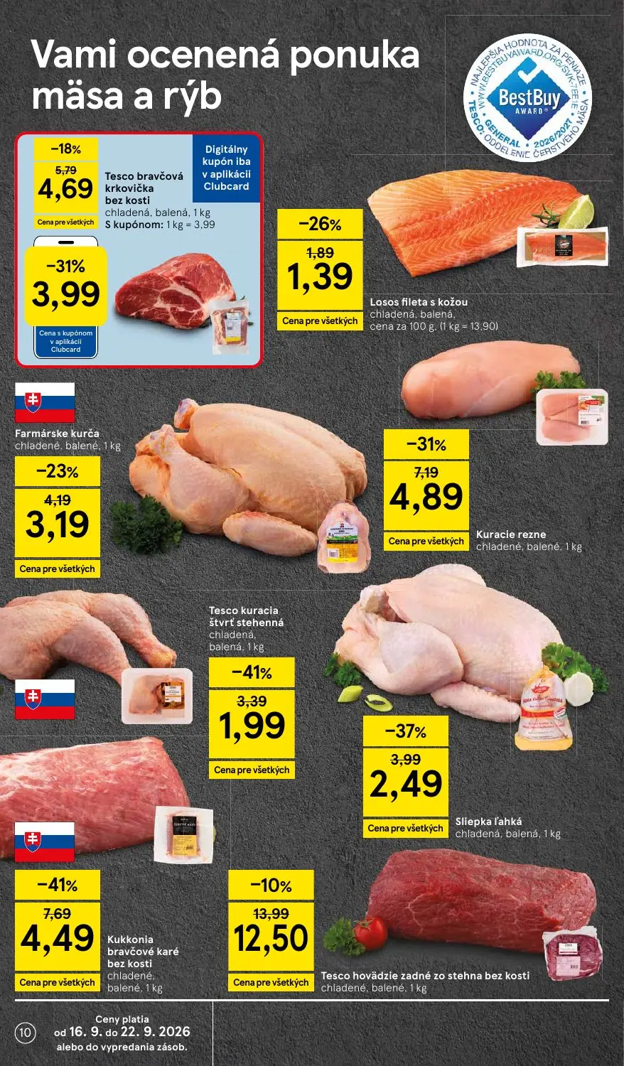 Tesco Supermarket leták, strana 10 z 24 — Kukkonia bravčové karé bez kosti, Kuracie rezne, Tesco bravčová krkovička bez kosti