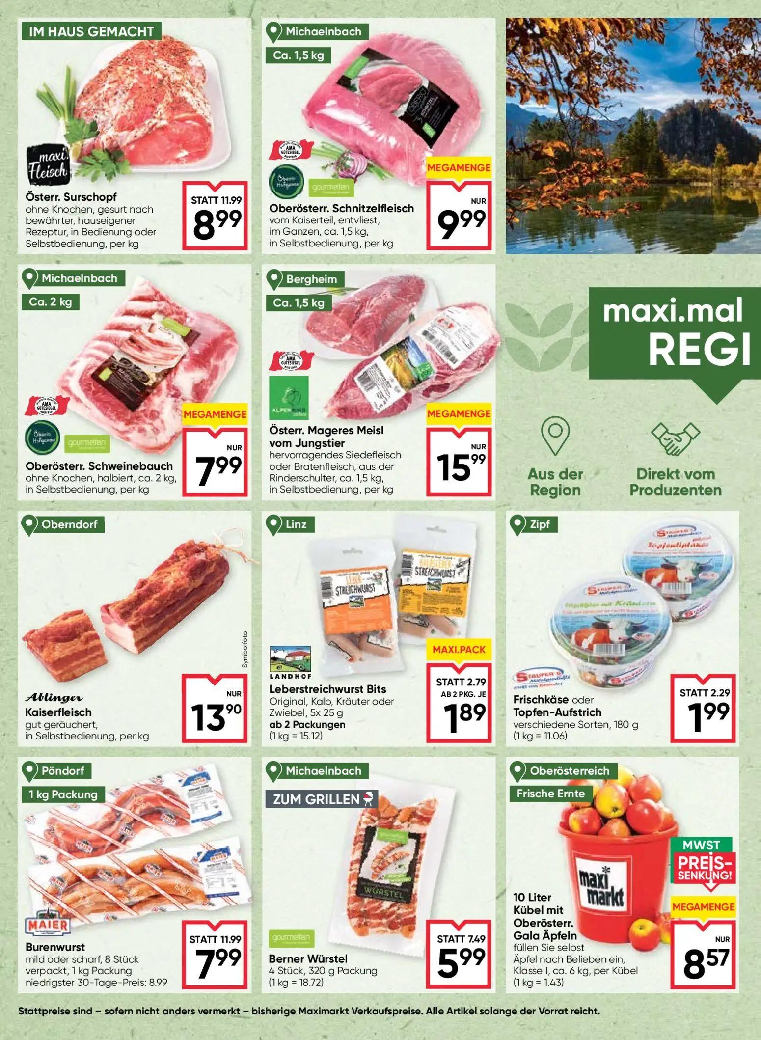Maximarkt Prospekt, Seite 4 von 24 — MAIER Burenwurst mild oder scharf, 8 Stück verpackt, Österr. Surschopf ohne Knochen, ge…