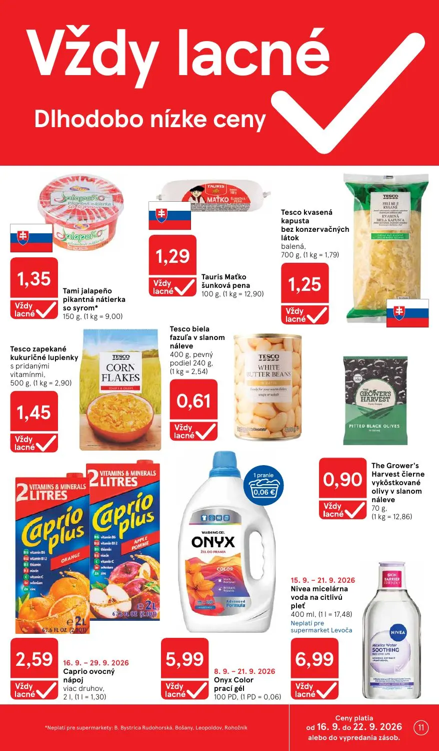 Tesco Supermarket leták, strana 11 z 24 — Tami jalapeño pikantná nátierka so syrom*, Tauris Maťko šunková pena, Tesco kvasen…