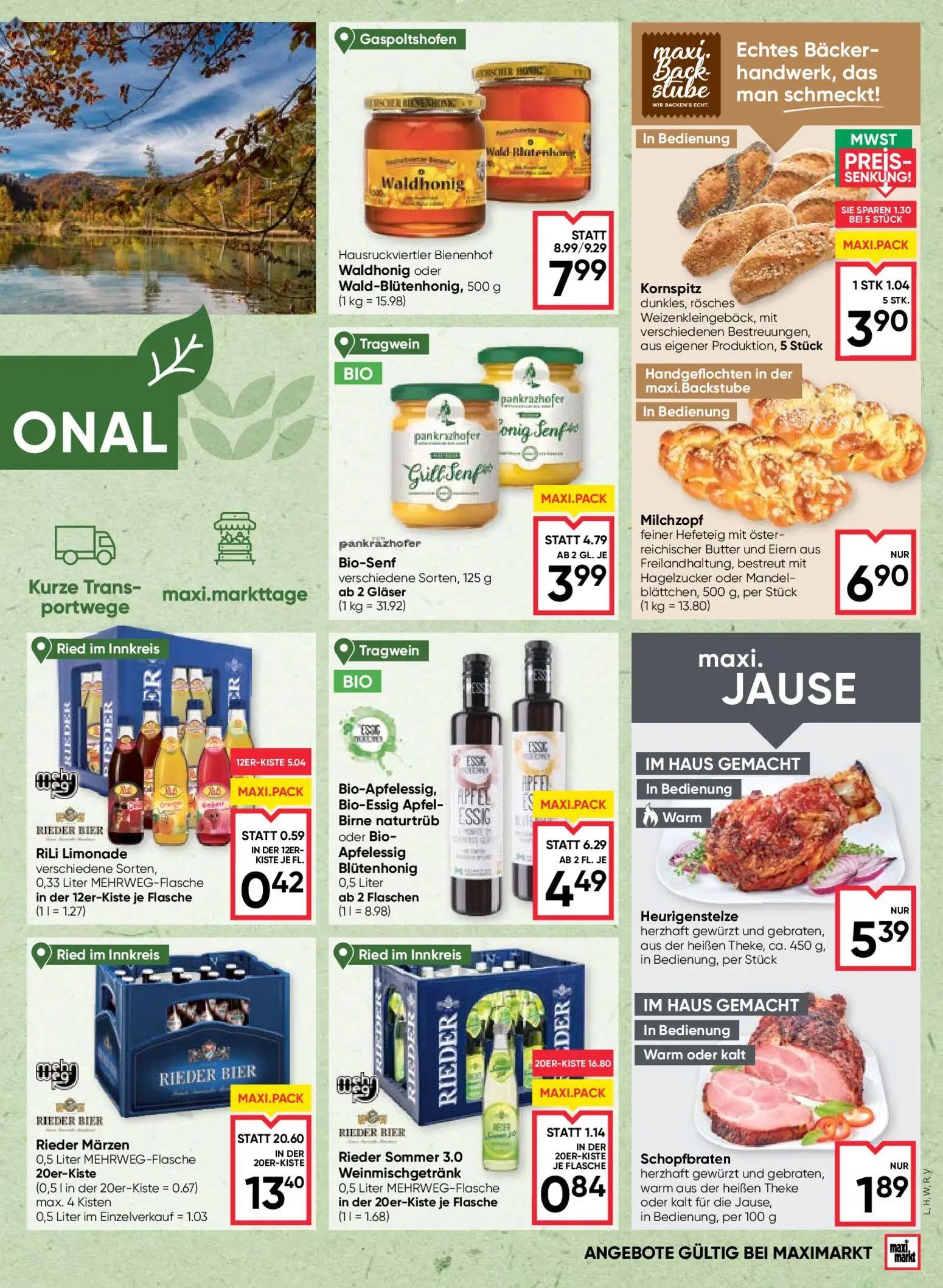 Maximarkt Prospekt, Seite 5 von 24 — Rieder Märzen 0,5 Liter MEHRWEG-Flasche, Bio-Apfelessig, Bio-Essig Apfel-Birne naturtrü…
