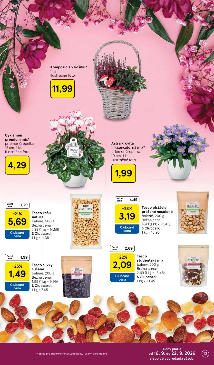 Tesco Supermarket leták, strana 13 z 24 — Tesco kešu natural balené, Tesco pistácie pražené nesolené balené, Tesco študentsk…