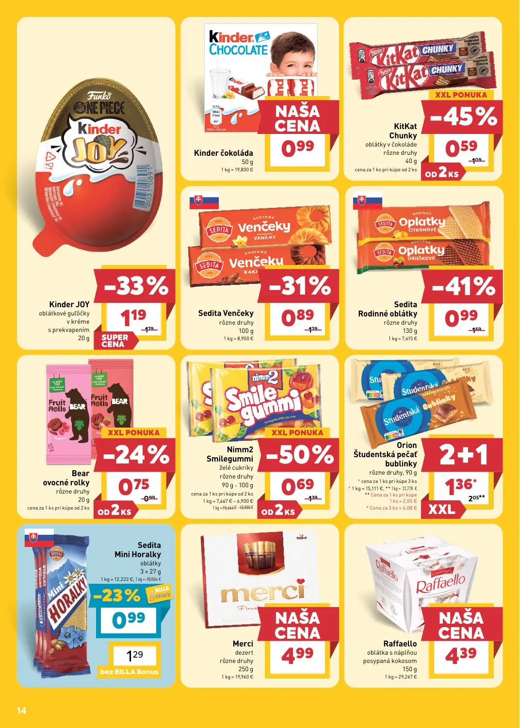 Billa leták, strana 14 z 29 — Sedita Rodinné oblátky rôzne druhy, Nimm2 Smilegummi želé cukríky rôzne druhy, Orion Študentsk…