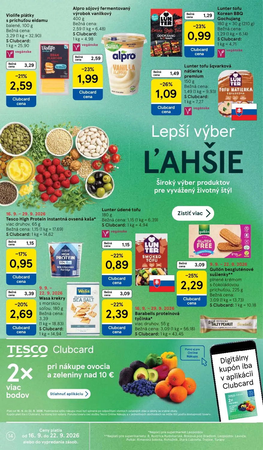Tesco Supermarket leták, strana 14 z 24 — Gullón bezgluténové sušienky plnené krémom s čokoládovou príchuťou, Violife plátky…