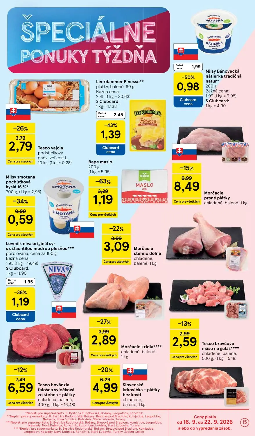 Tesco Supermarket leták, strana 15 z 24 — Bape maslo, Morčacie prsné plátky chladené, balené, Slovenské krkovička - plátky b…