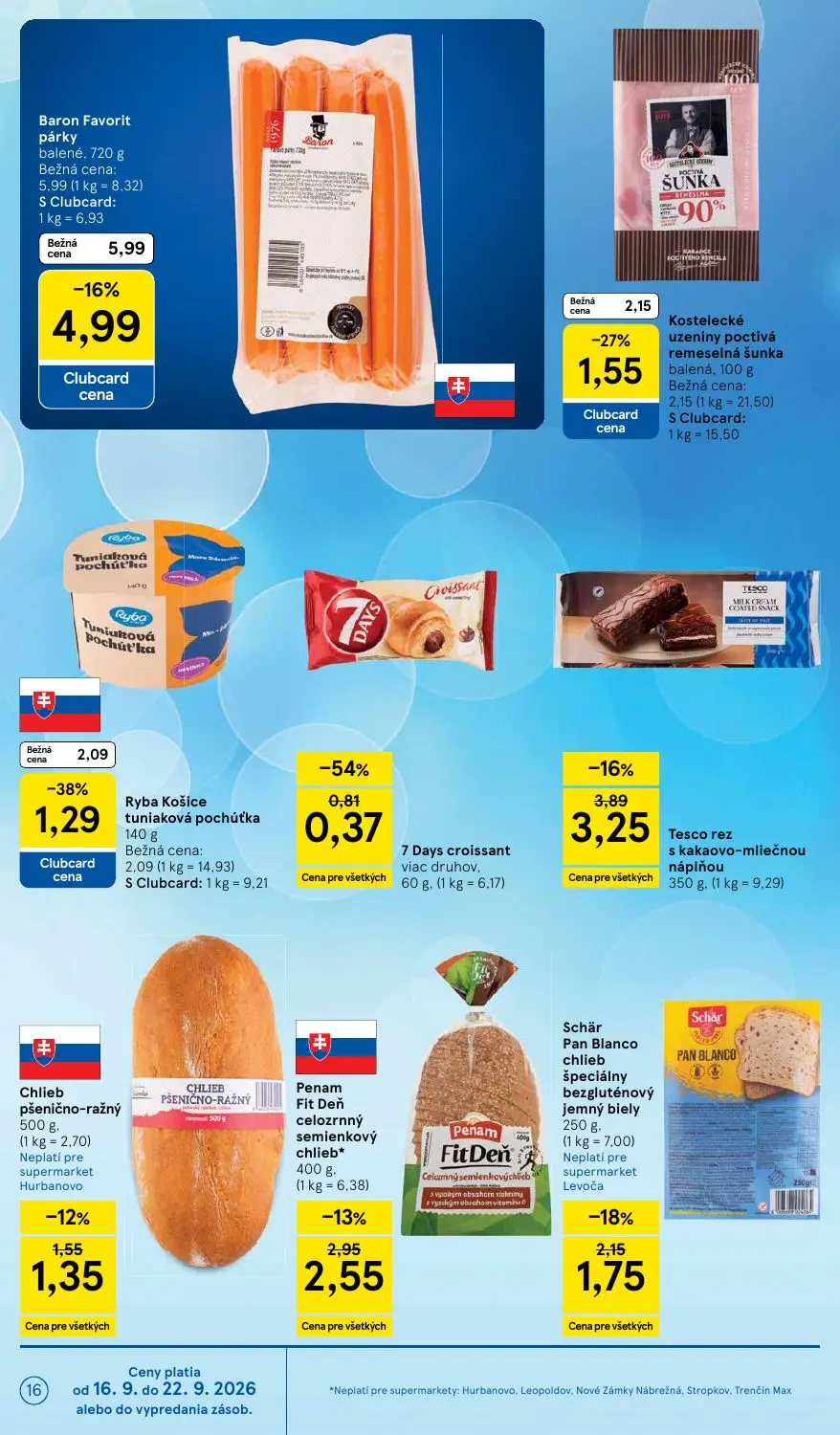 Tesco Supermarket leták, strana 16 z 24 — Baron Favorit párky, Ryba Košice tuniaková pochúťka, Tesco rez s kakaovo-mliečnou …