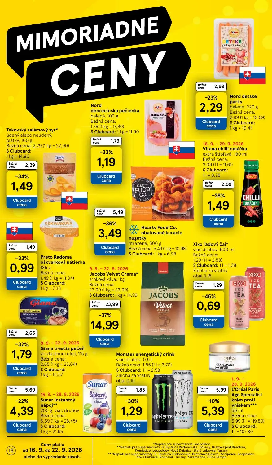 Tesco Supermarket leták, strana 18 z 24 — Jacobs Velvet Crema* zrnková káva, Hearty Food Co. obaľované kuracie nugetky mraze…