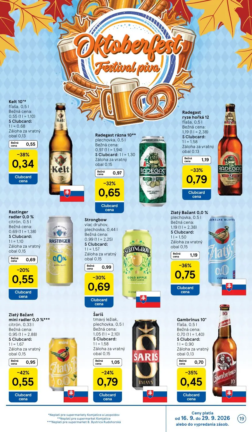 Tesco Supermarket leták, strana 19 z 24 — Zlatý Bažant 0,0%, Radegast ryze hořká 12, Zlatý Bažant mini radler 0,0% citrón