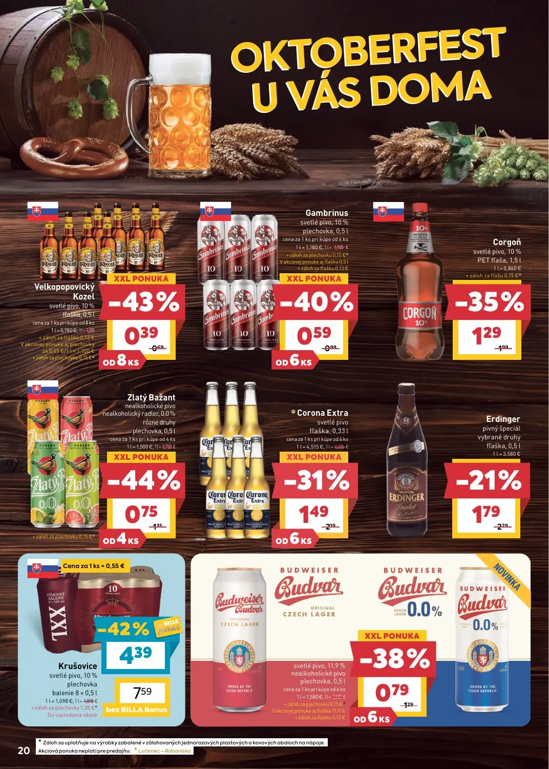 Billa leták, strana 20 z 29 — Krušovice svetlé pivo, 10% plechovka balenie 8 x 0,5 l, Corgoň svetlé pivo, 10% PET fľaša, Cor…