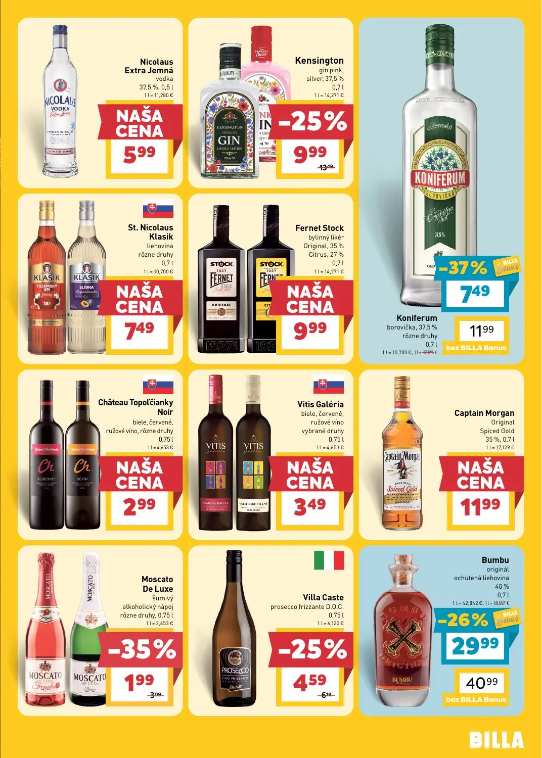 Billa leták, strana 21 z 29 — Bumbu originál ochutená liehovina, Koniferum borovička rôzne druhy, Kensington gin pink, silver