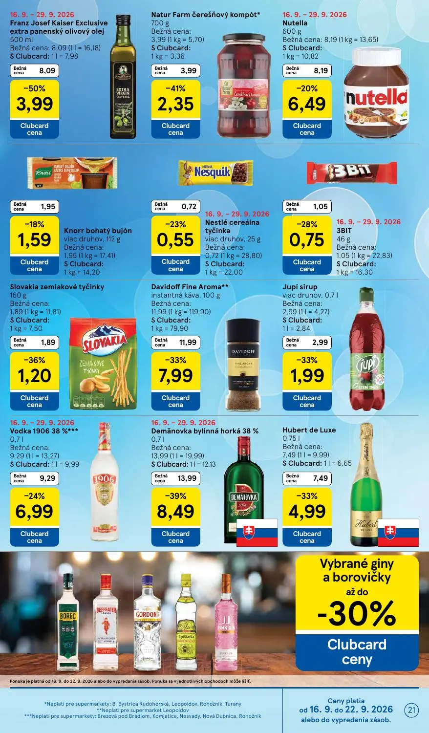 Tesco Supermarket leták, strana 21 z 24 — Demänovka bylinná horká 38%, Franz Josef Kaiser Exclusive extra panenský olivový o…