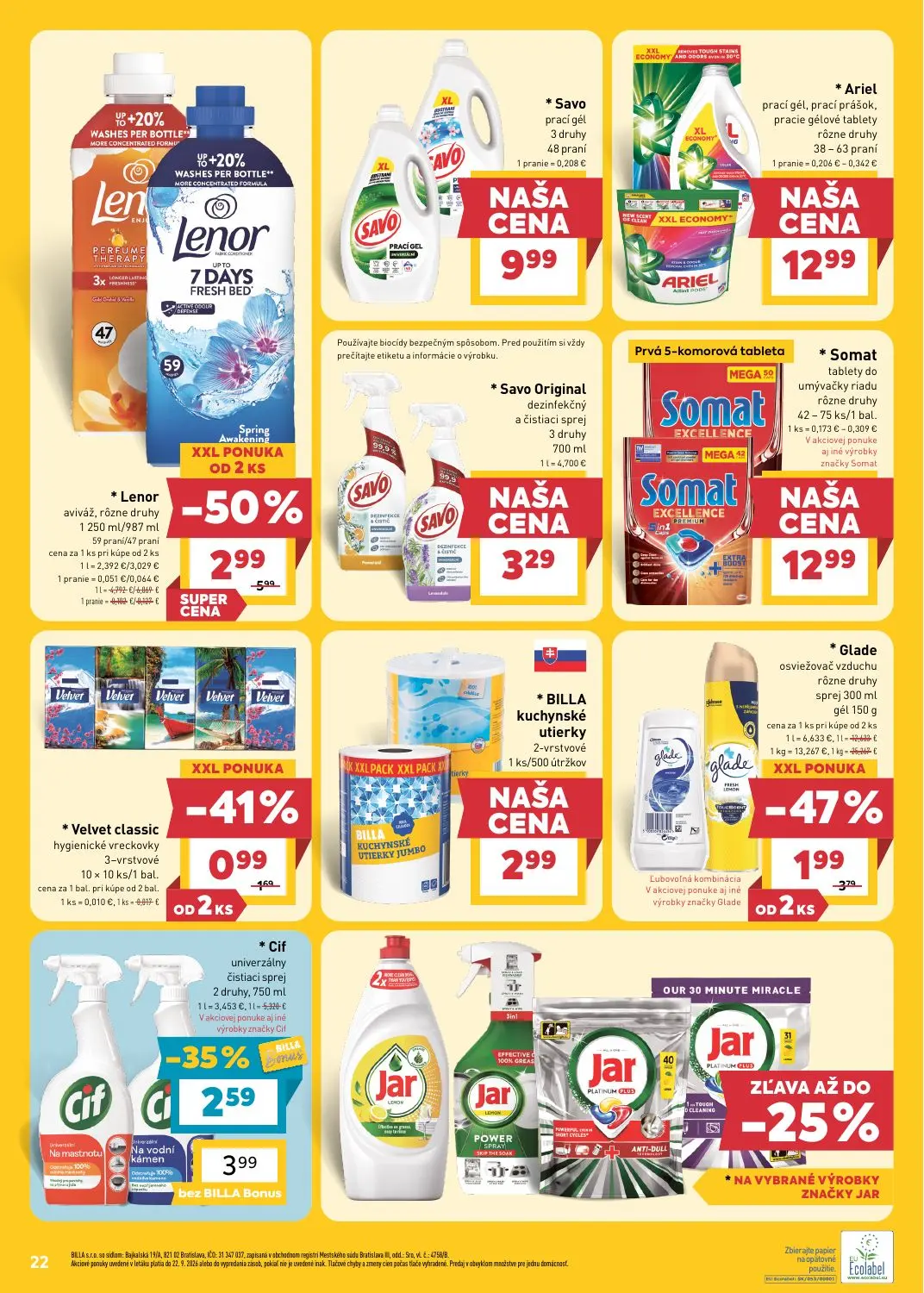 Billa leták, strana 22 z 29 — Lenor aviváž, Glade osviežovač vzduchu, Cif univerzálny čistiaci sprej