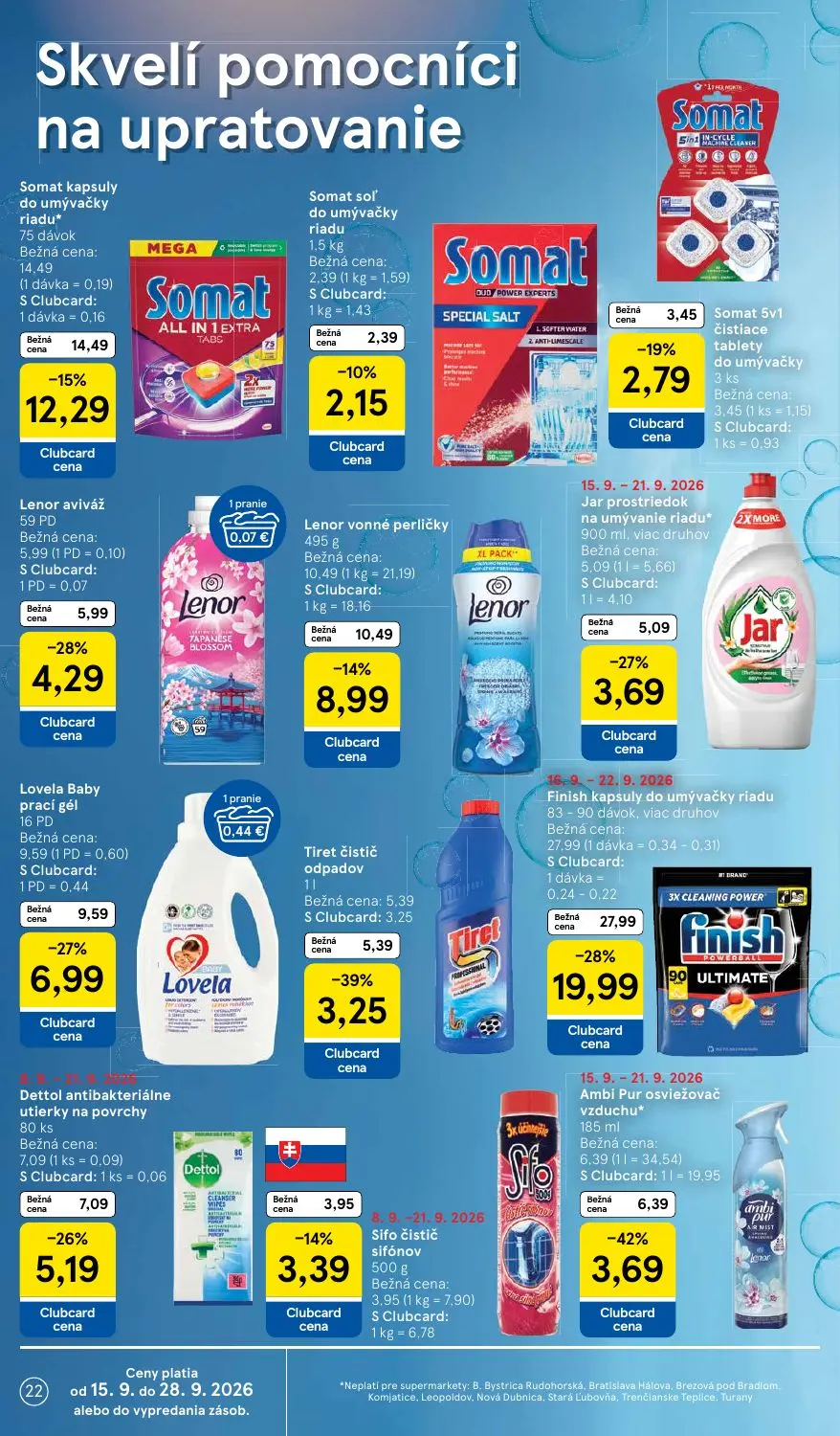 Tesco Supermarket leták, strana 22 z 24 — Finish kapsuly do umývačky riadu, Ambi Pur osviežovač vzduchu, Lovela Baby prací g…
