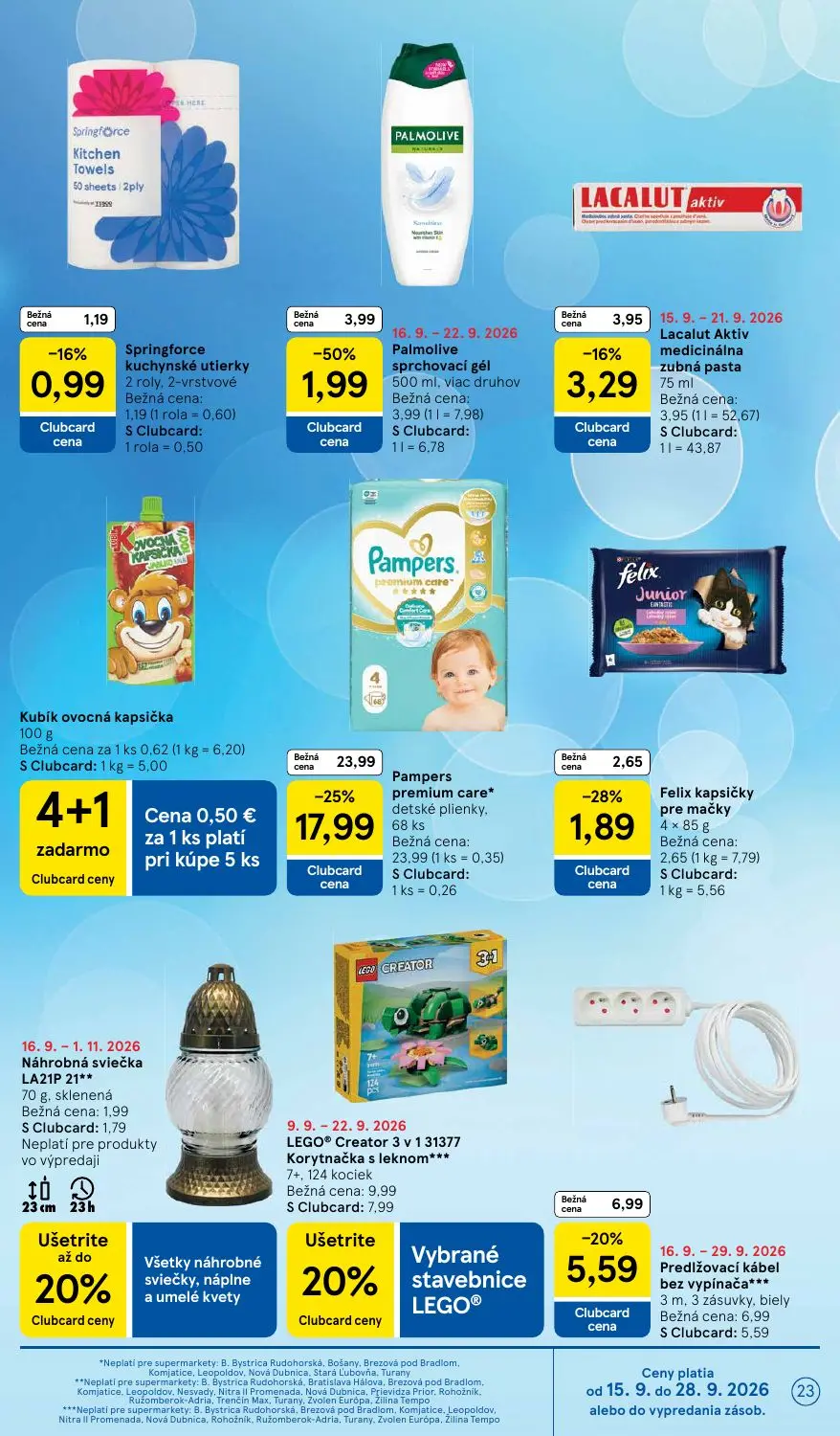 Tesco Supermarket leták, strana 23 z 24 — Pampers premium care* detské plienky, Palmolive sprchovací gél, LEGO® Creator 3 v …