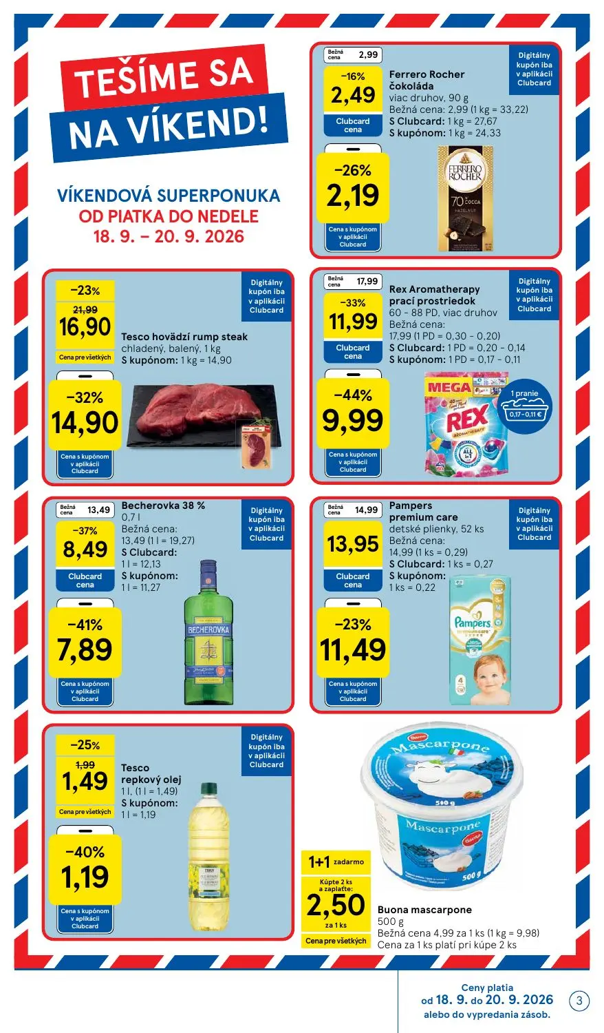 Tesco leták, strana 3 z 42 — Rex Aromatherapy prací prostriedok, Tesco hovädzí rump steak chladený, balený, Becherovka 38%