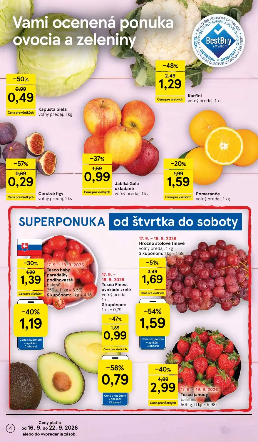 Tesco leták, strana 4 z 42 — Tesco jahody balené, Hrozno stolové tmavé, Karfiol