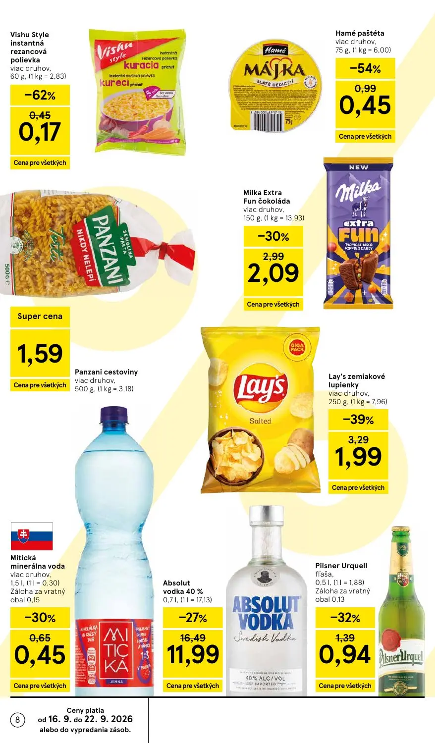 Tesco leták, strana 8 z 42 — Absolut vodka 40%, Lay's zemiakové lupienky, Milka Extra Fun čokoláda