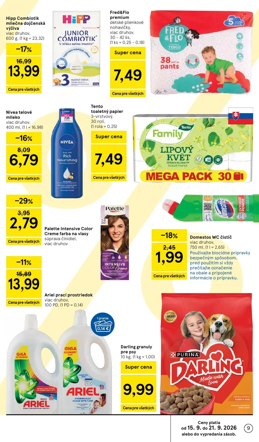 Tesco leták, strana 9 z 42 — Hipp Combiotik mliečna dojčenská výživa, Ariel prací prostriedok, Nivea telové mlieko