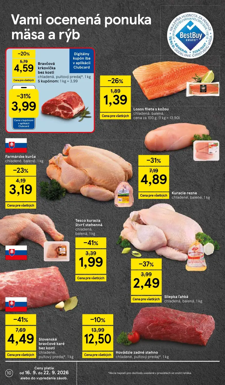Tesco leták, strana 10 z 42 — Slovenské bravčové karé bez kosti chladené. pultový predaj, Kuracie rezne chladené, balené, Br…