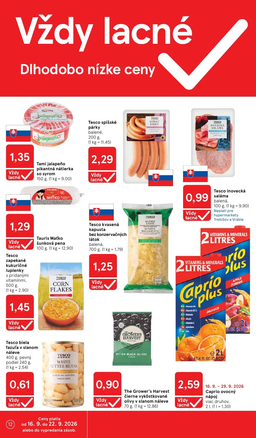 Tesco leták, strana 12 z 42 — Tami jalapeño pikantná nátierka so syrom, Tesco spišské párky balené, Tesco inovecká saláma ba…