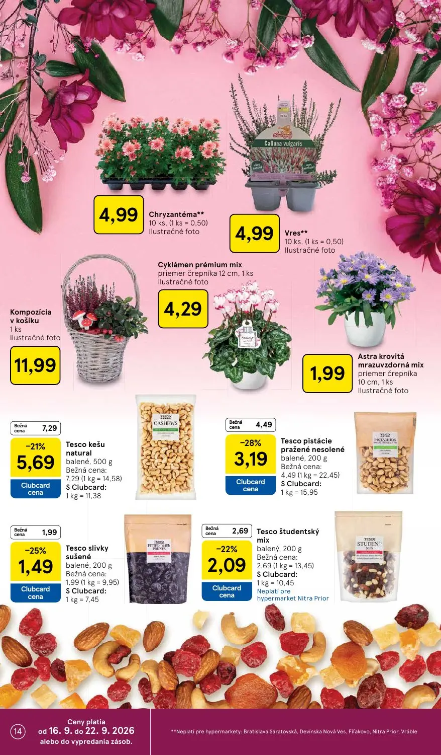 Tesco leták, strana 14 z 42 — Tesco kešu natural, Tesco pistácie pražené nesolené, Tesco študentský mix