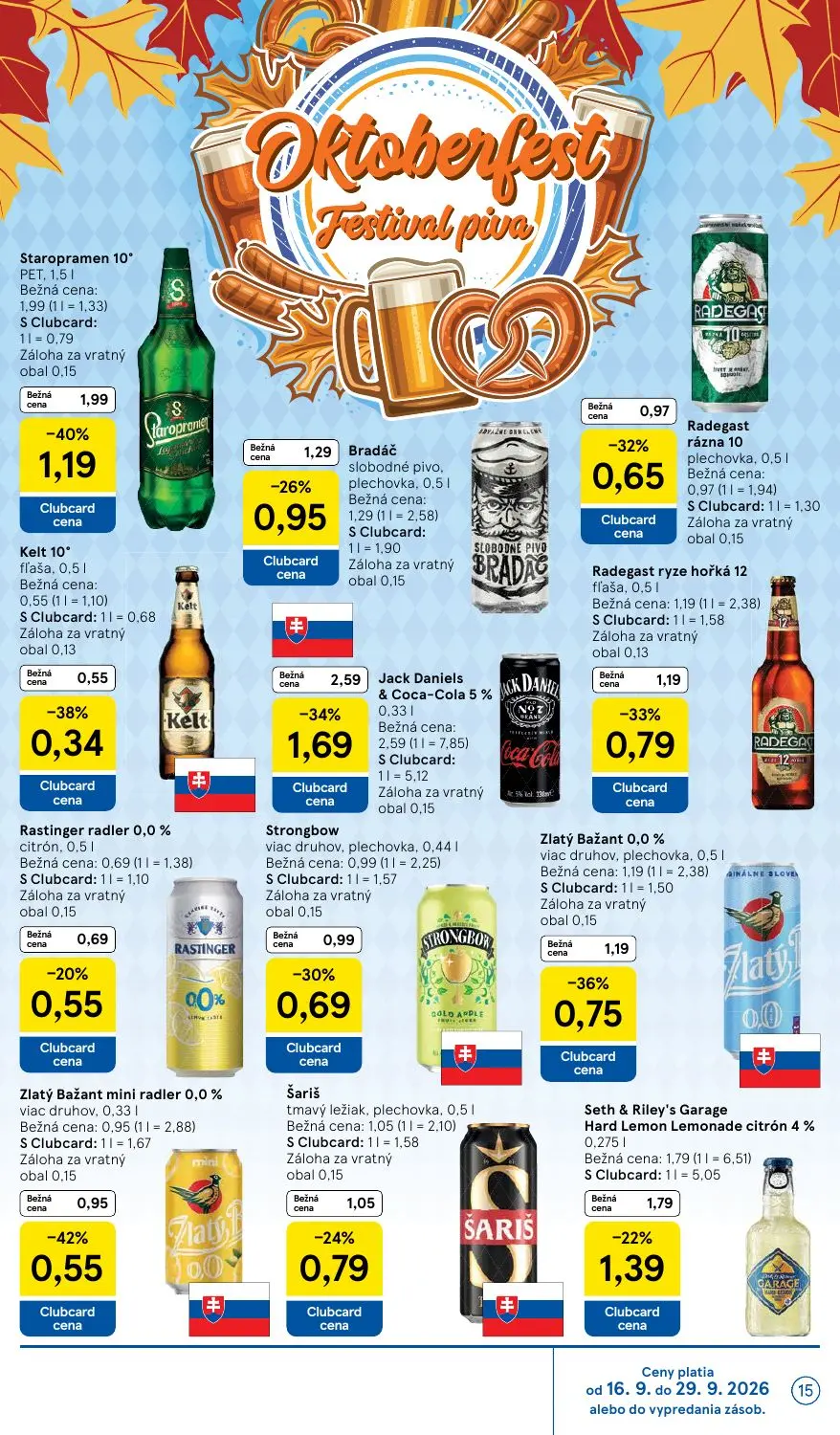 Tesco leták, strana 15 z 42 — Jack Daniels & Coca-Cola 5%, Staropramen 10", Zlatý Bažant 0,0%