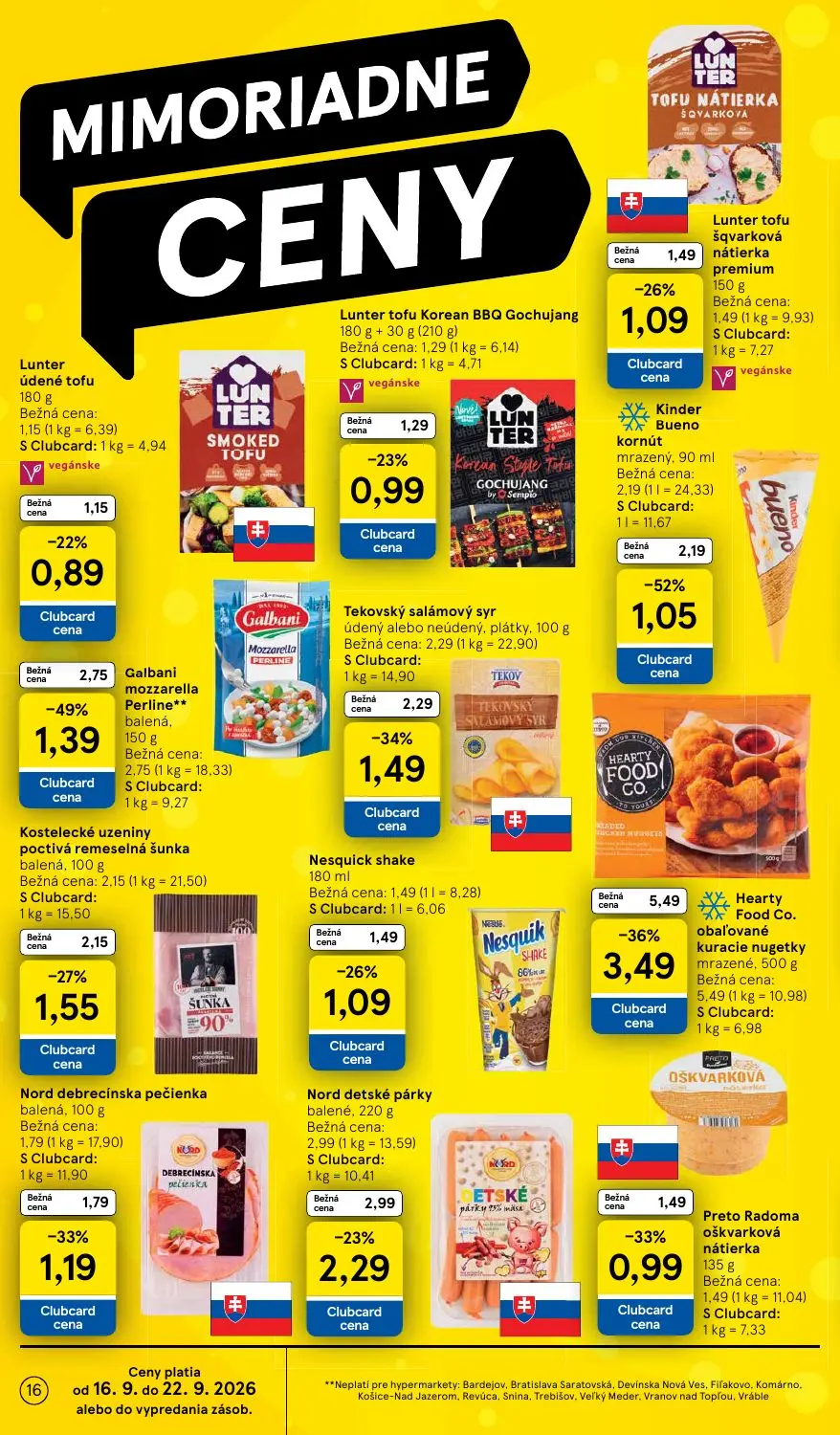 Tesco leták, strana 16 z 42 — Hearty Food Co. obaľované kuracie nugetky mrazené, Galbani mozzarella Perline** balená, Kinder…