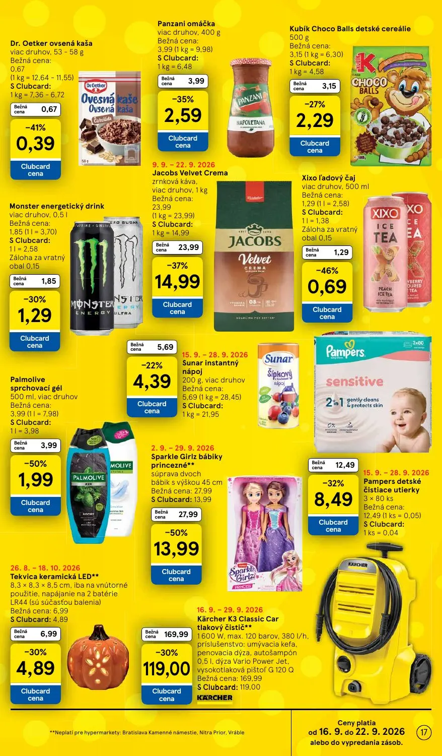 Tesco leták, strana 17 z 42 — Kärcher K3 Classic Car tlakový čistič**, Sparkle Girlz bábiky princezné**, Jacobs Velvet Crema…