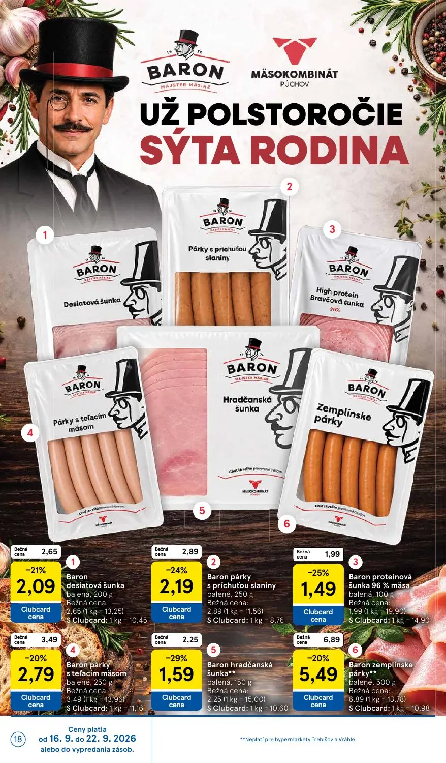 Tesco leták, strana 18 z 42 — Baron zemplínske párky balené, Baron párky s príchuťou slaniny balené, Baron párky s teľacím m…