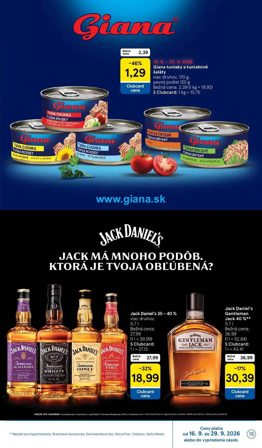 Tesco leták, strana 19 z 42 — Jack Daniel's, Jack Daniel's Gentleman Jack, Giana tuniaky a tuniakové šaláty