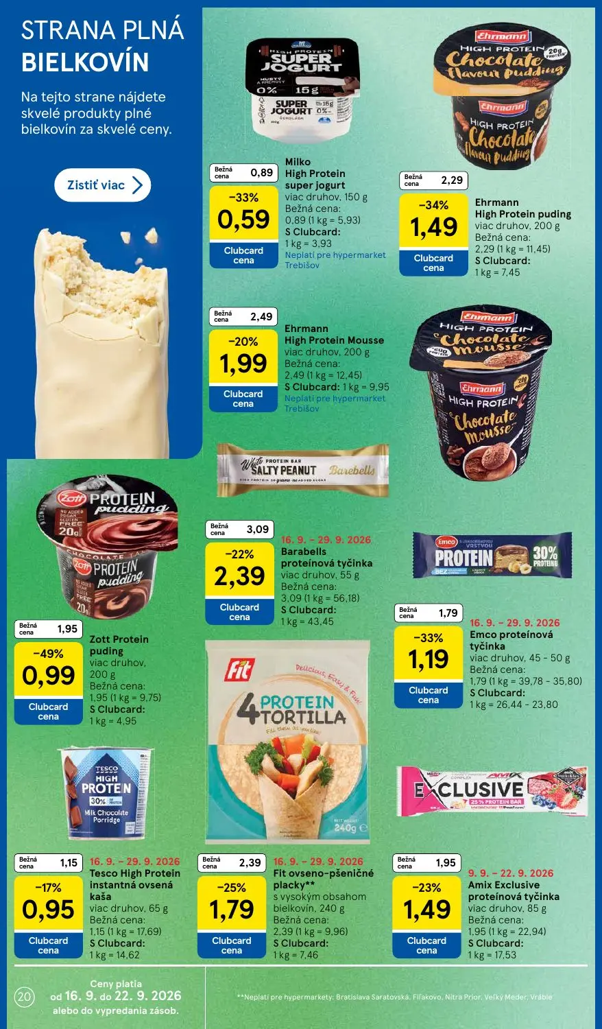 Tesco leták, strana 20 z 42 — Zott Protein puding, Ehrmann High Protein puding, Barabells proteínová tyčinka