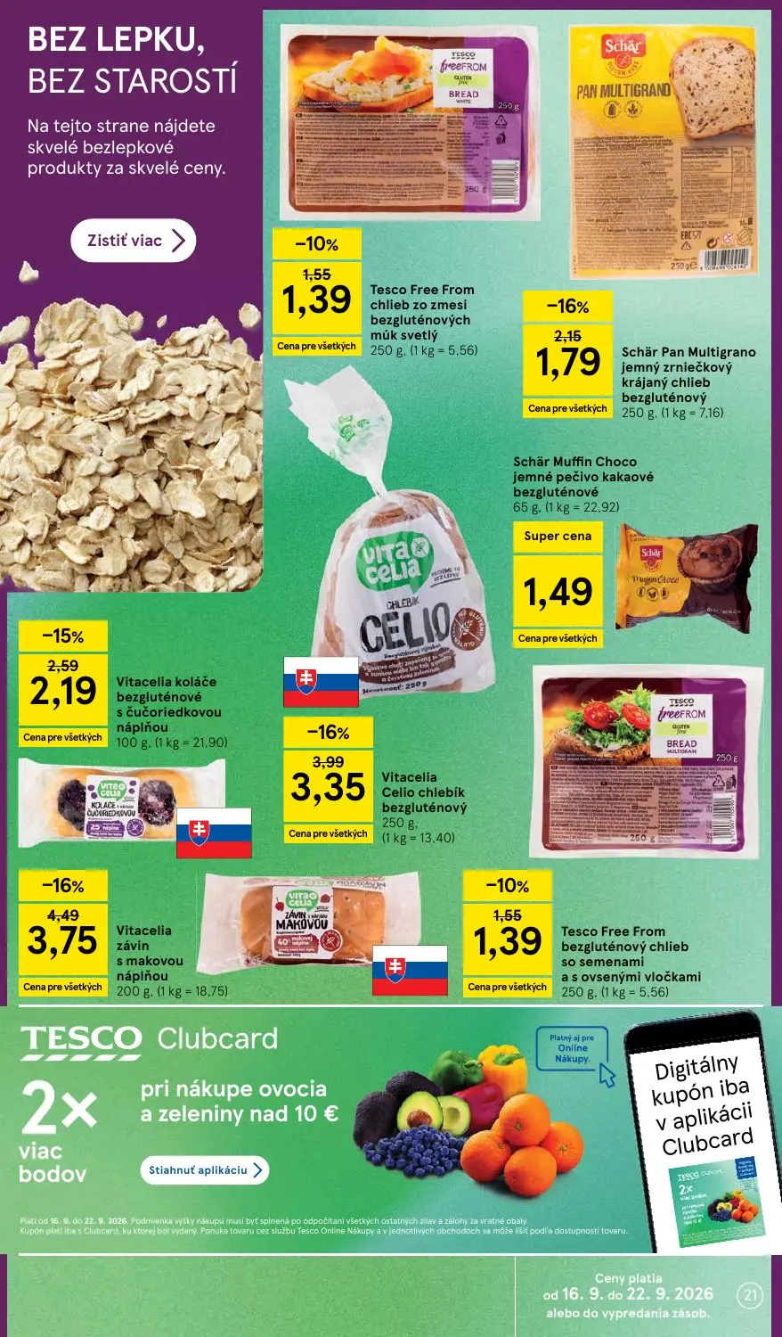 Tesco leták, strana 21 z 42 — Vitacelia závin s makovou náplňou, Vitacelia Celio chlebík bezgluténový, Vitacelia koláče bezg…