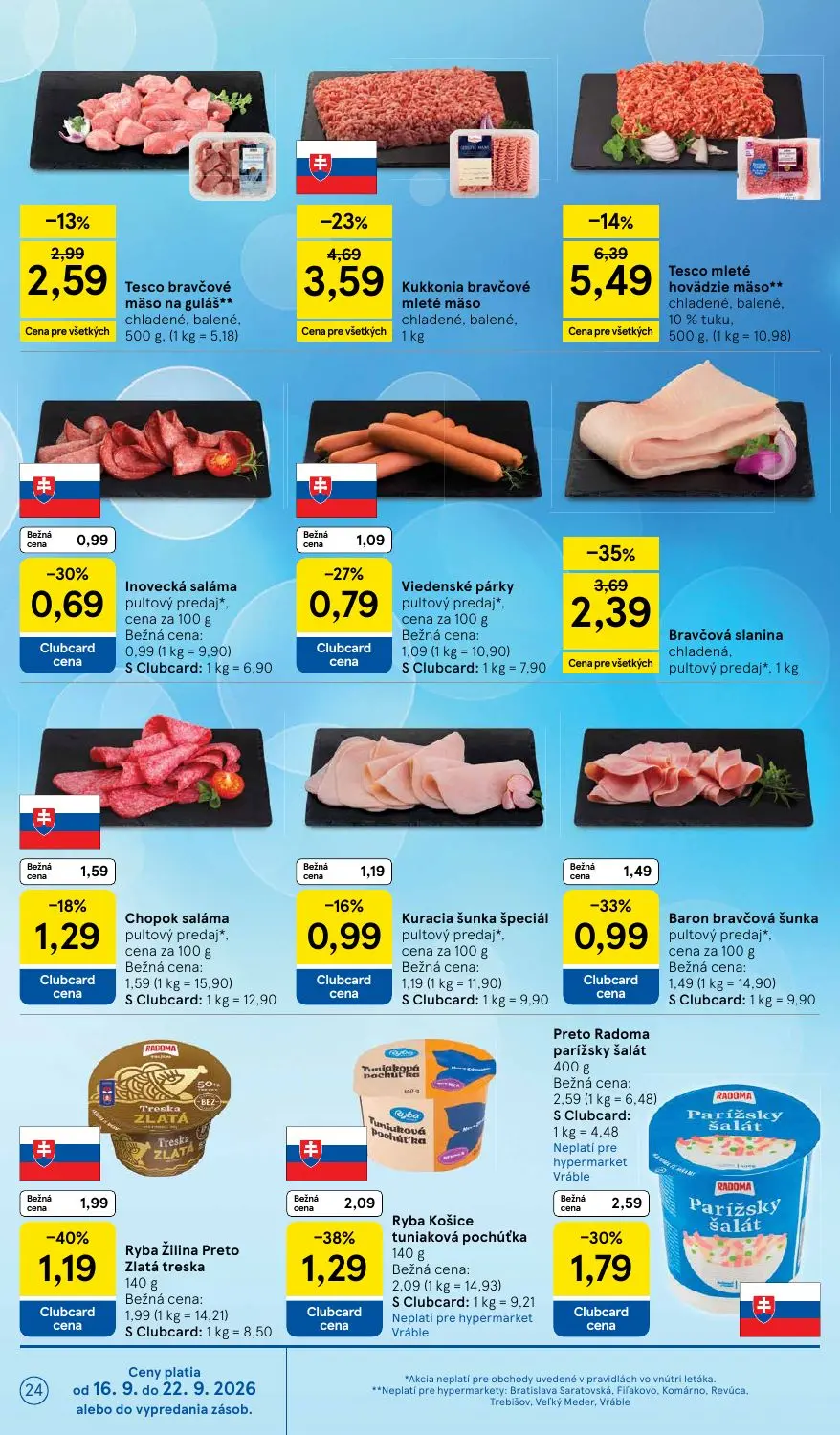 Tesco leták, strana 24 z 42 — Bravčová slanina, Kukkonia bravčové mleté mäso, Tesco mleté hovädzie mäso**