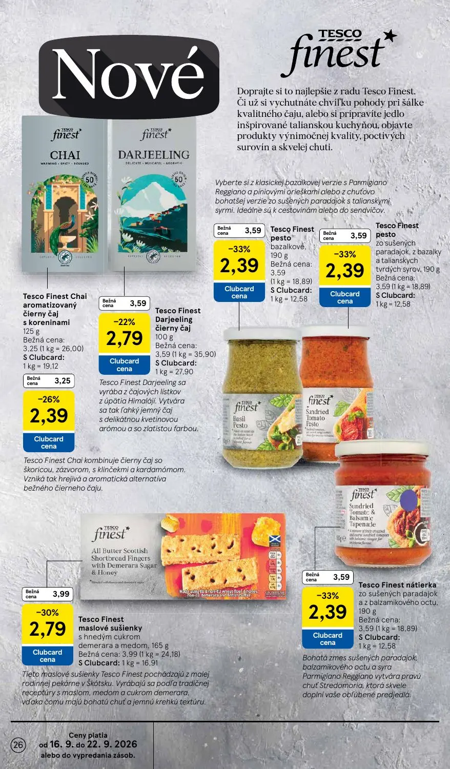 Tesco leták, strana 26 z 42 — Tesco Finest pesto bazalkové, Tesco Finest pesto zo sušených paradajok, z bazalky a talianskyc…