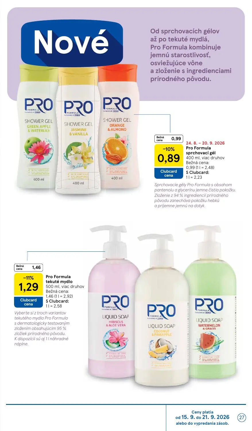Tesco leták, strana 27 z 42 — Pro Formula tekuté mydlo, Pro Formula sprchovací gél