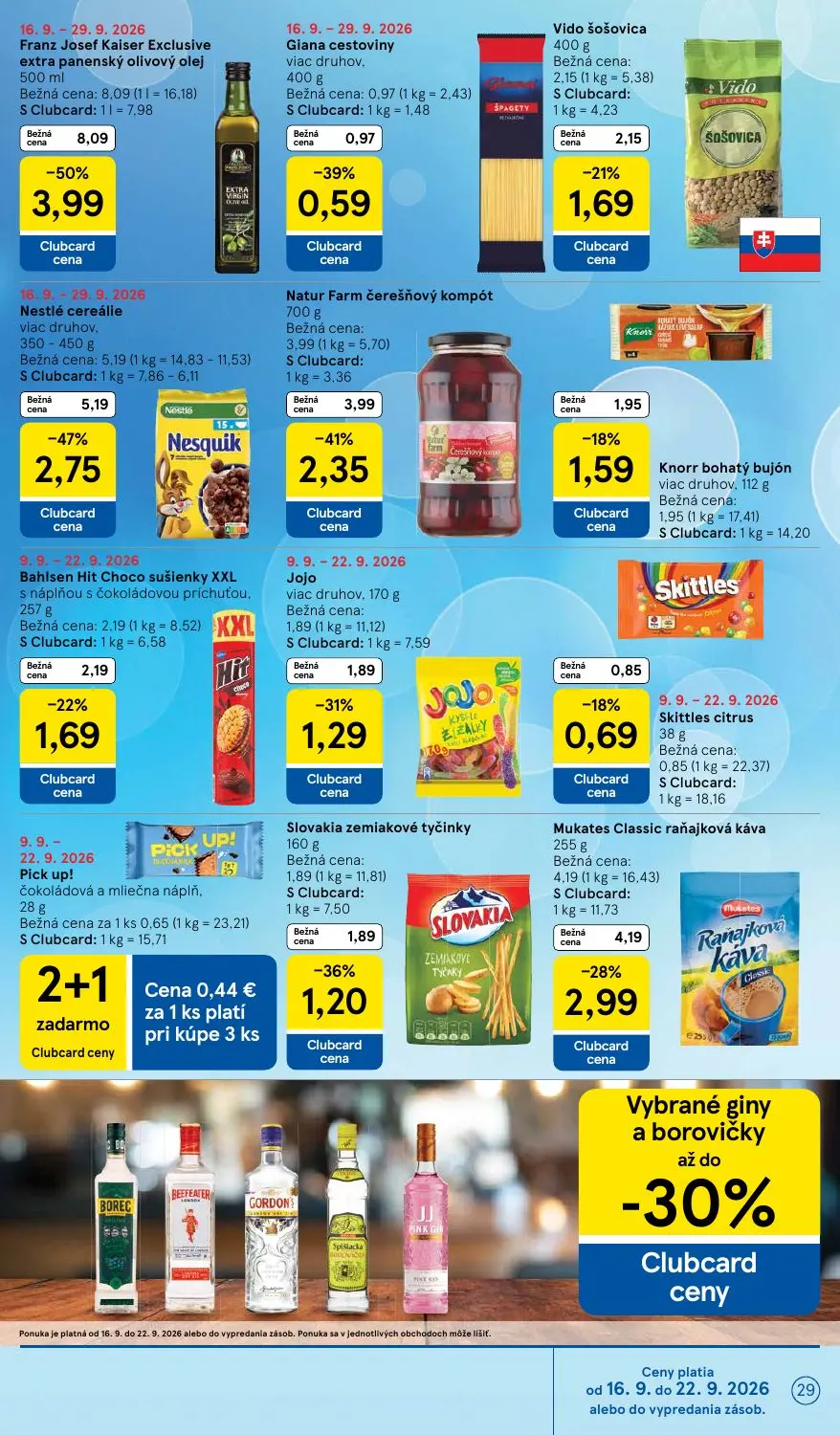 Tesco leták, strana 29 z 42 — Franz Josef Kaiser Exclusive extra panenský olivový olej, Nestlé cereálie, Natur Farm čerešňov…