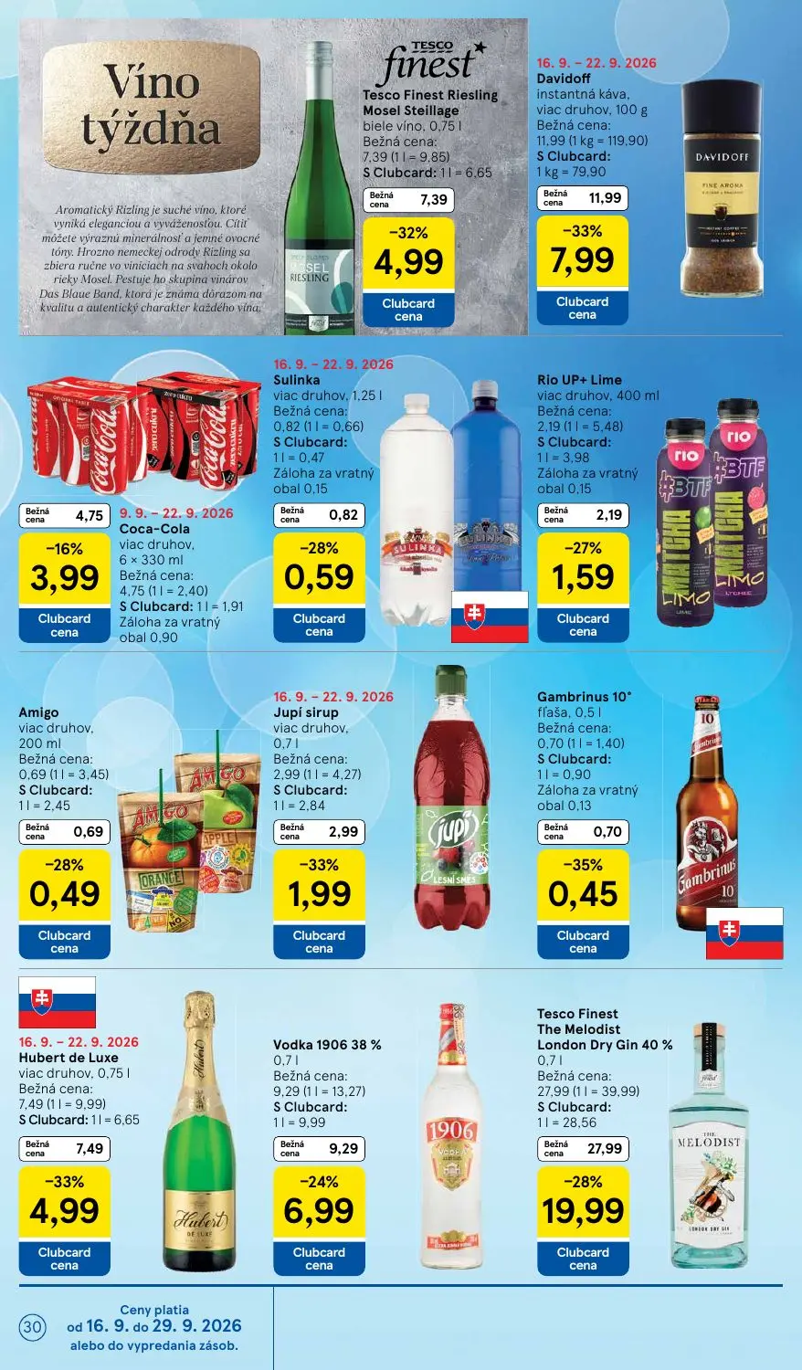 Tesco leták, strana 30 z 42 — Tesco Finest The Melodist London Dry Gin 40%, Davidoff instantná káva, Hubert de Luxe