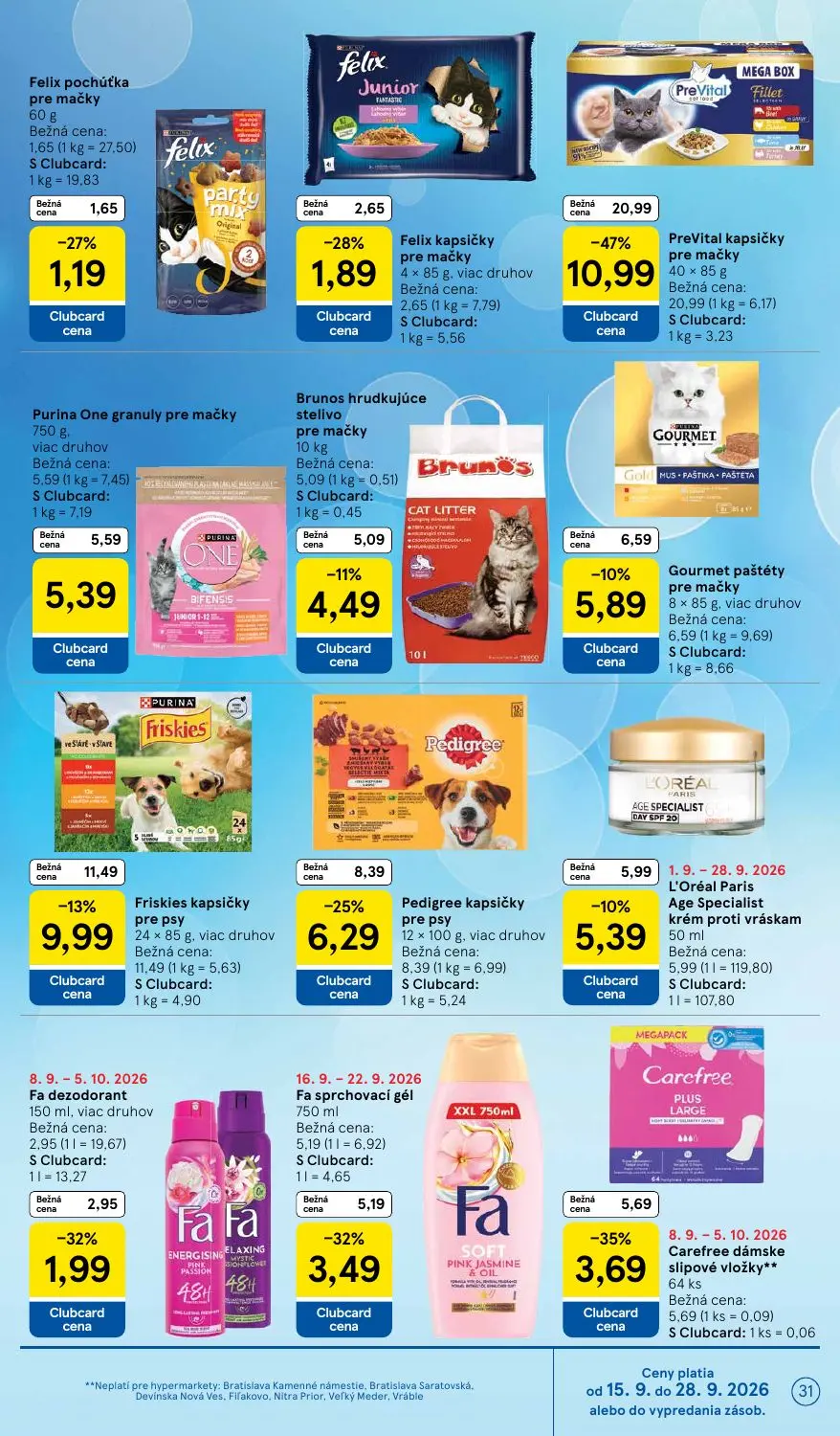 Tesco leták, strana 31 z 42 — PreVital kapsičky pre mačky, Pedigree kapsičky pre psy, Carefree dámske slipové vložky