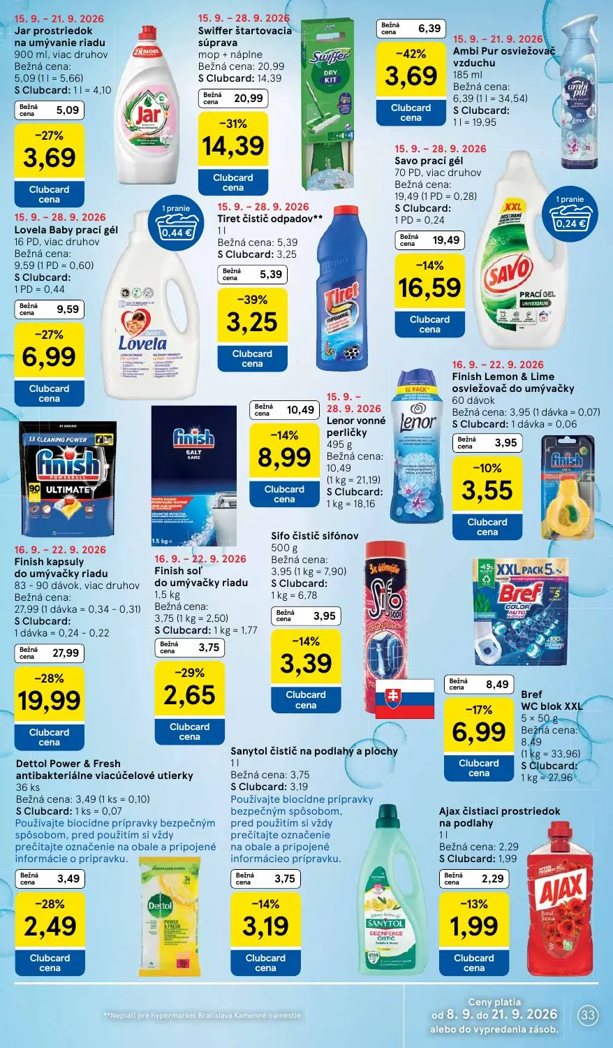 Tesco leták, strana 33 z 42 — Finish kapsuly do umývačky riadu 83-90 dávok, viac druhov, Swiffer štartovacia súprava mop + n…