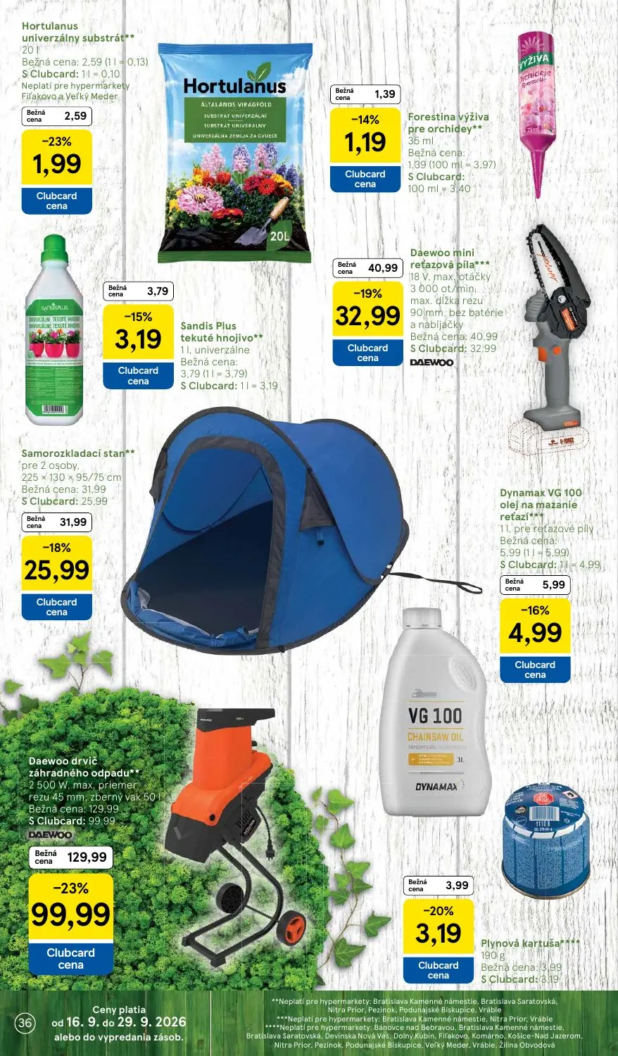 Tesco leták, strana 36 z 42 — Daewoo drvič záhradného odpadu, Daewoo mini reťazová píla, Samorozkladací stan
