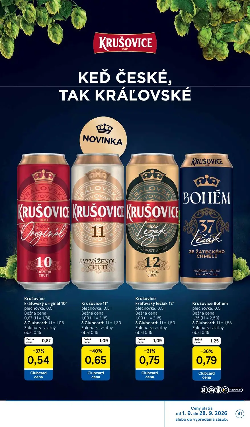 Tesco leták, strana 41 z 42 — Krušovice Bohém plechovka, Krušovice 11° plechovka, Krušovice kráľovský ležiak 12° plechovka