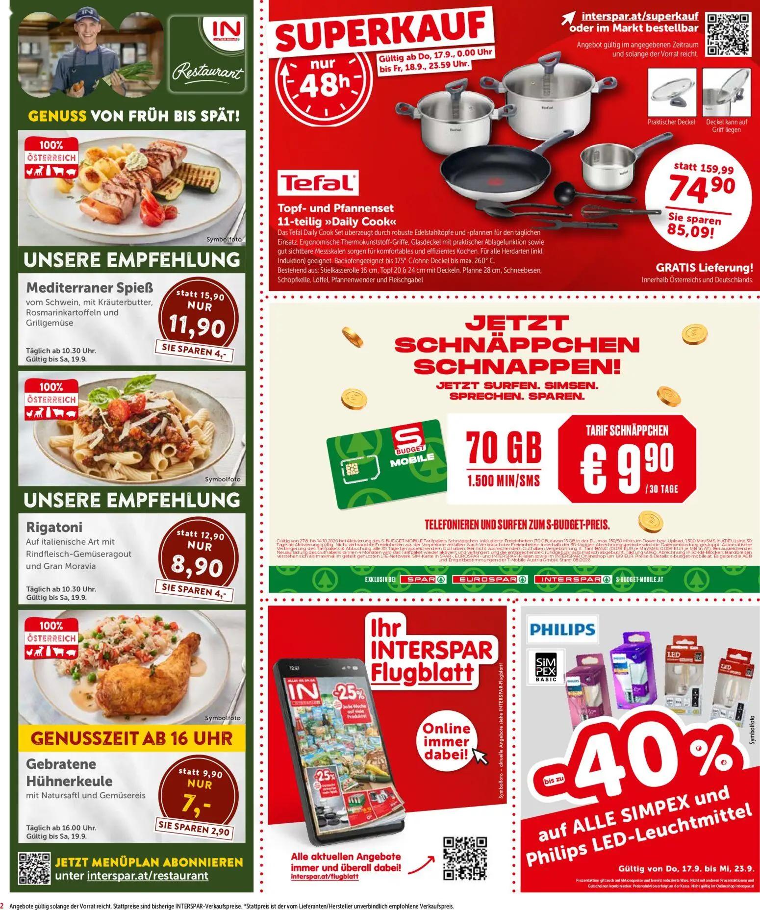 Interspar Prospekt, Seite 2 von 16 — Tefal Topf- und Pfannenset 11-teilig „Daily Cook“, Mediterraner Spieß vom Schwein, mit …