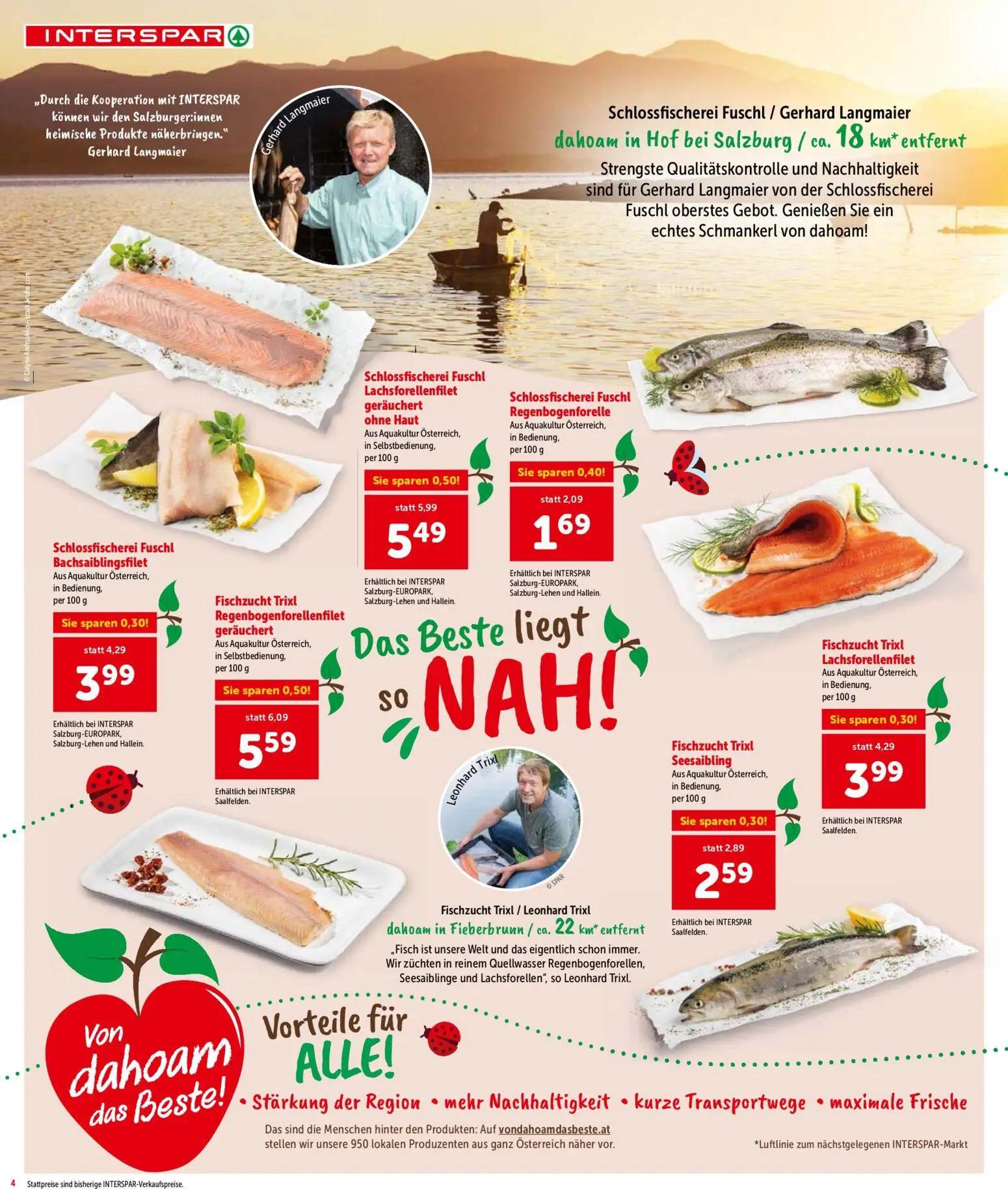 Interspar Prospekt, Seite 4 von 16 — Fischzucht Trixl Regenbogenforellenfilet geräuchert, Schlossfischerei Fuschl Lachsforel…